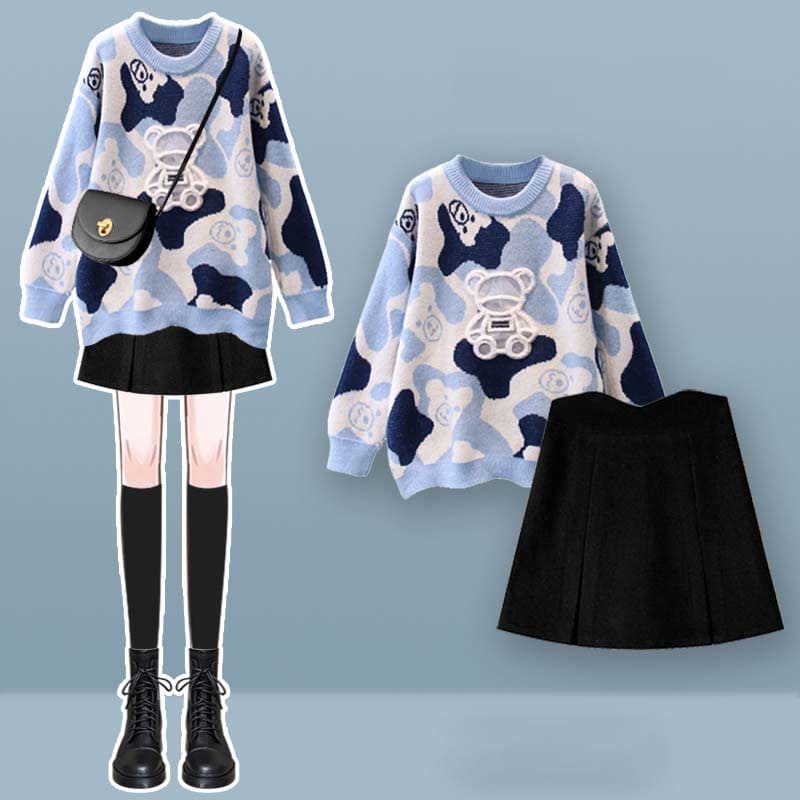 Cartoon Bear Print Sweater Split Skirt Set - Blue Set / M