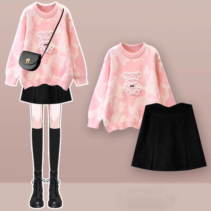 Cartoon Bear Print Sweater Split Skirt Set - Pink Set / M