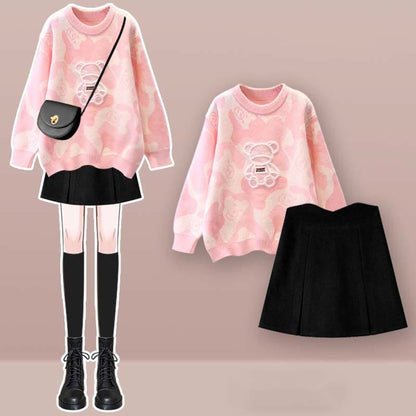 Cartoon Bear Print Sweater Split Skirt Set - Pink Set / M