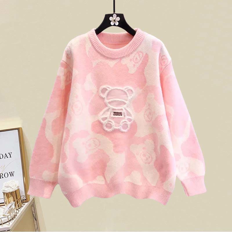 Cartoon Bear Print Sweater Split Skirt Set - Pink Sweater