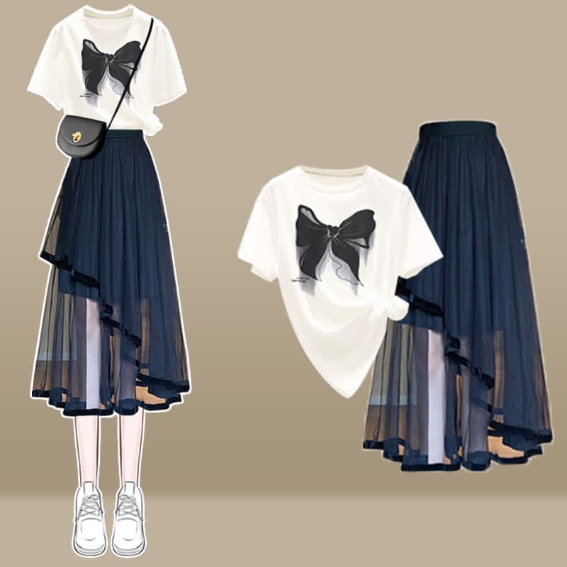 Cartoon Bow Print T-Shirt Irregular Tulle SKirt Set - Set