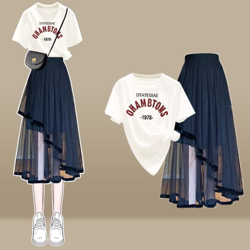 Cartoon Bow Print T-Shirt Irregular Tulle SKirt Set - Set B