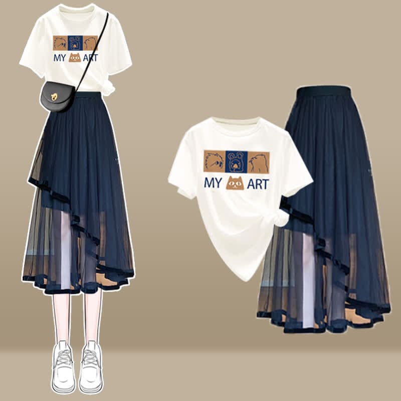 Cartoon Bow Print T-Shirt Irregular Tulle SKirt Set - Set C