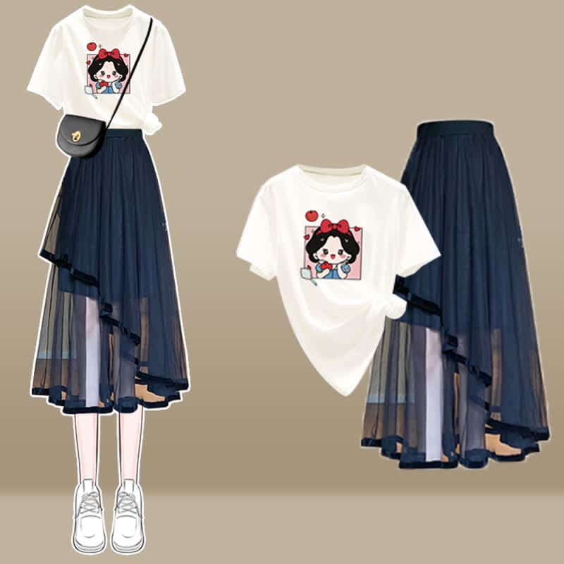 Cartoon Bow Print T-Shirt Irregular Tulle SKirt Set - Set D