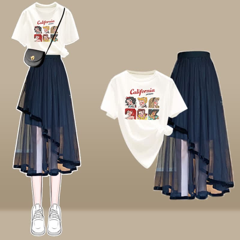 Cartoon Bow Print T-Shirt Irregular Tulle SKirt Set - Set