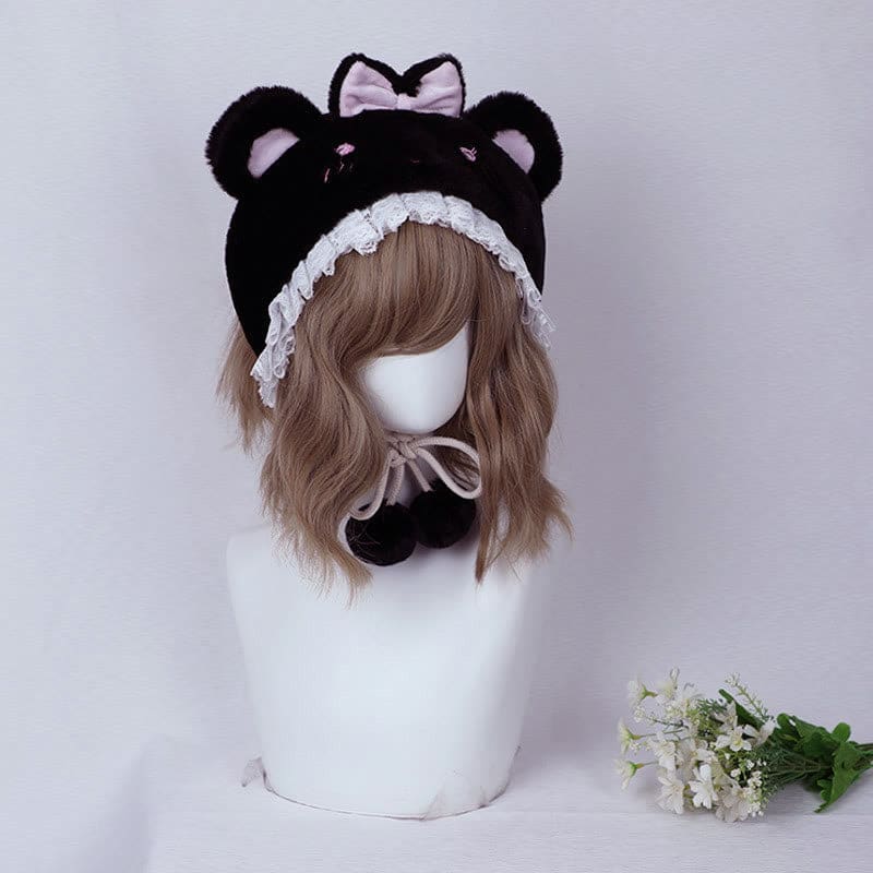 Cartoon Bunny Bear Ears Lace Lolita Plush Hat - Black Bear