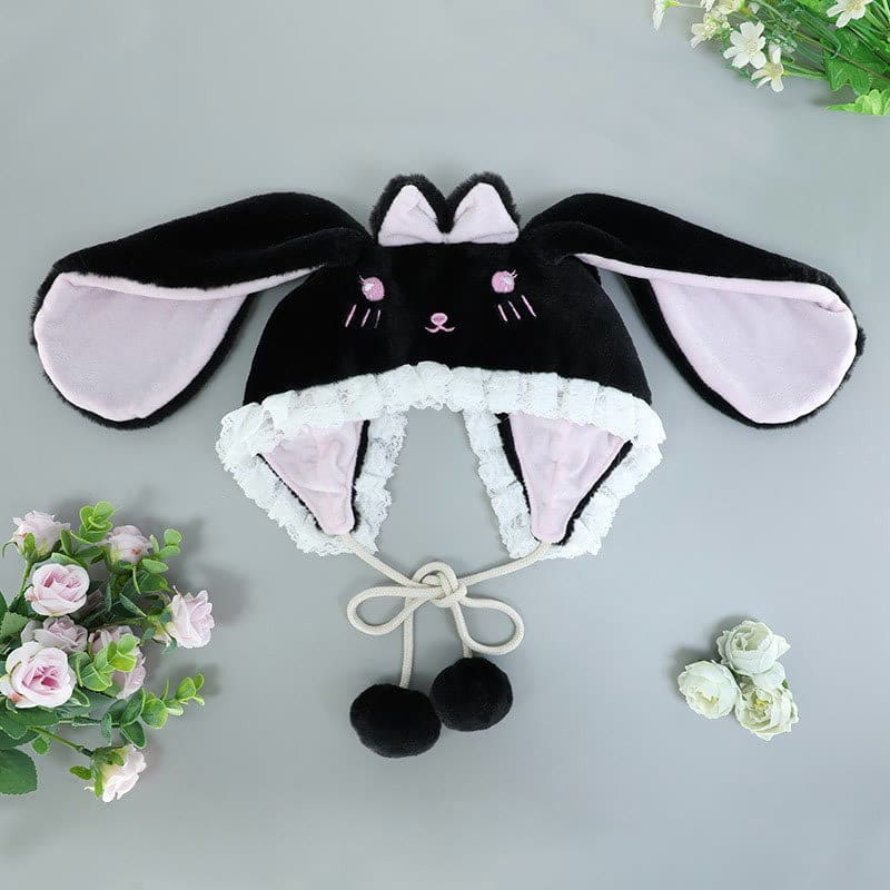 Cartoon Bunny Bear Ears Lace Lolita Plush Hat - Black Bunny