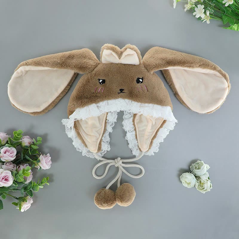 Cartoon Bunny Bear Ears Lace Lolita Plush Hat - Brown Bunny