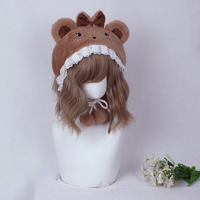 Cartoon Bunny Bear Ears Lace Lolita Plush Hat - Brown Bear