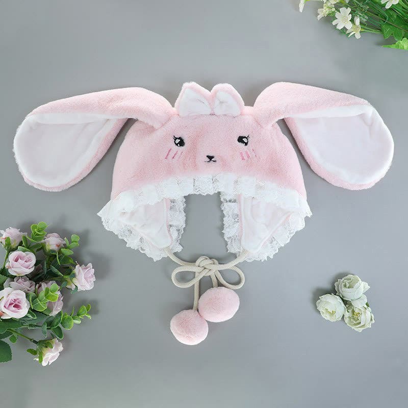 Cartoon Bunny Bear Ears Lace Lolita Plush Hat - Pink Bunny