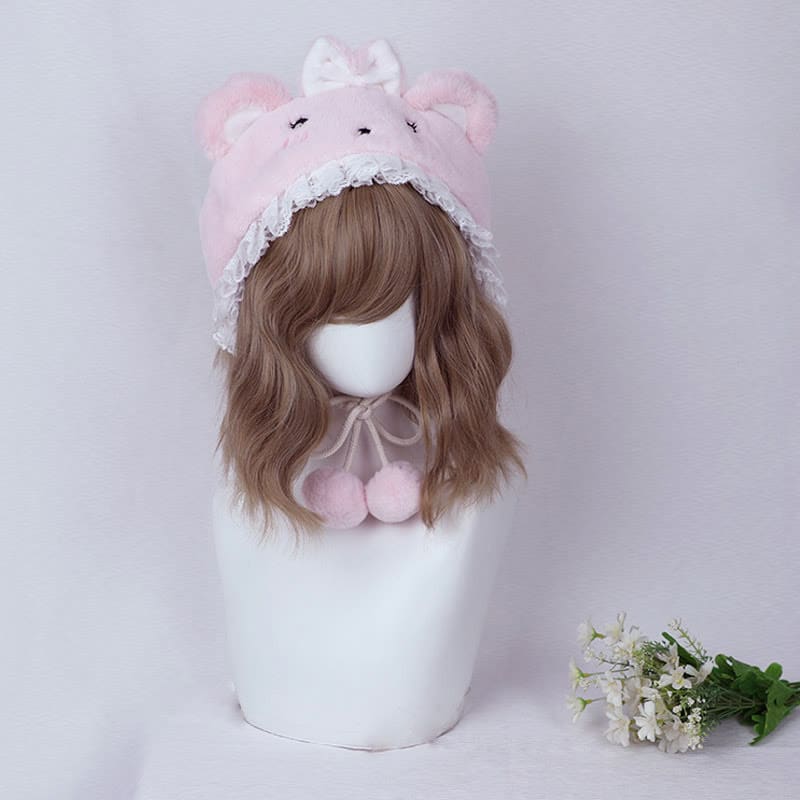 Cartoon Bunny Bear Ears Lace Lolita Plush Hat - Pink Bear