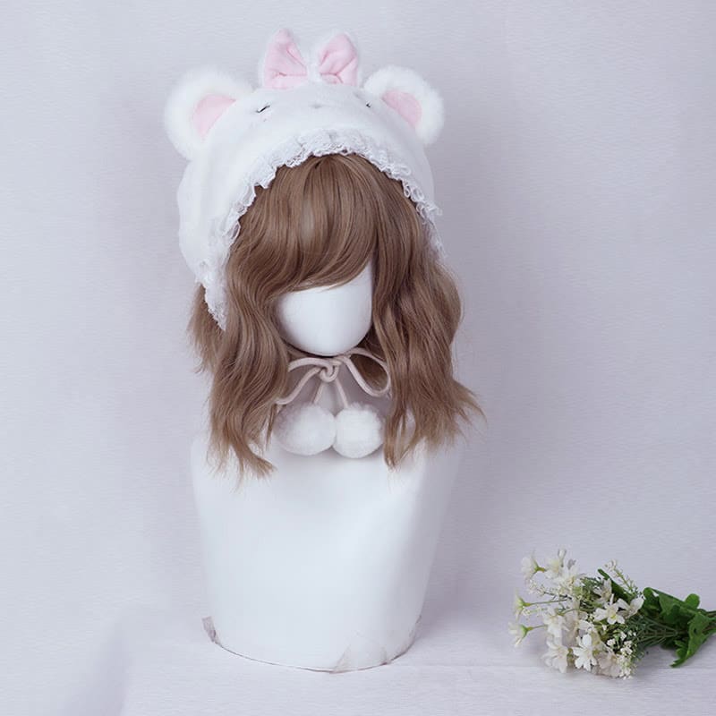 Cartoon Bunny Bear Ears Lace Lolita Plush Hat - White Bear