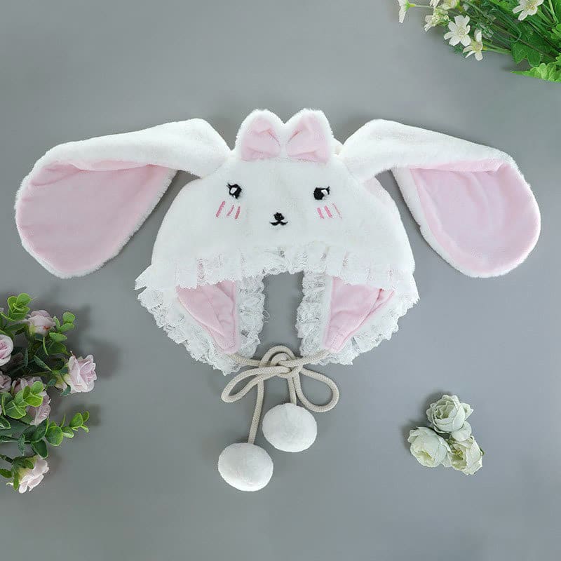 Cartoon Bunny Bear Ears Lace Lolita Plush Hat - White Bunny