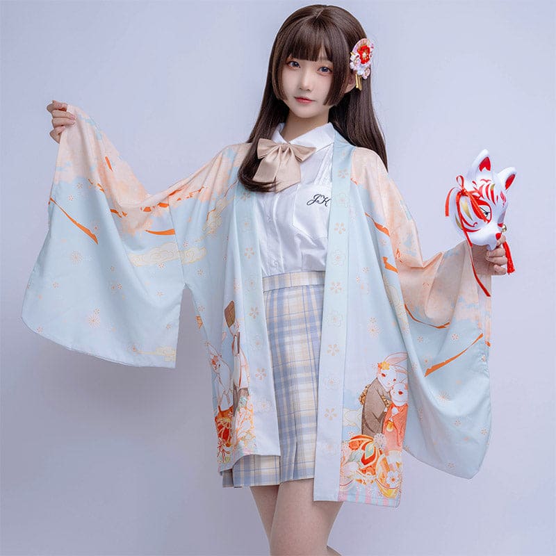 Cartoon Bunny Loose Cardigan Kimono Outerwear - Blue