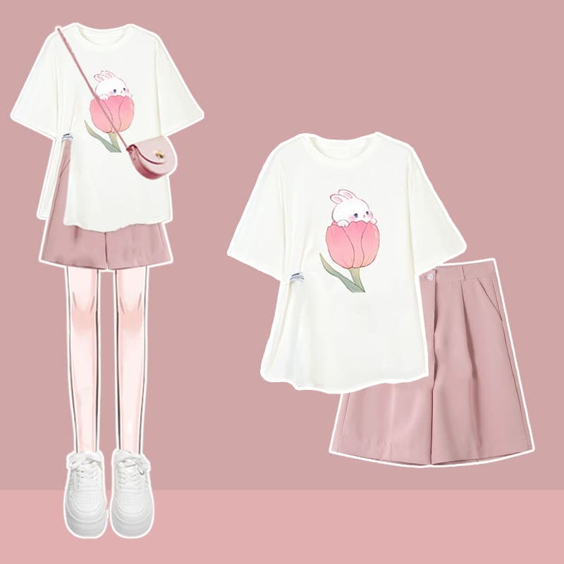 Cartoon Bunny Print T-Shirt Set - Set A / M