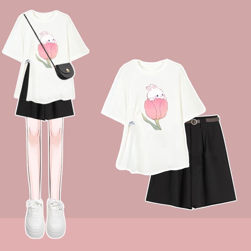 Cartoon Bunny Print T-Shirt Set - Set B / M