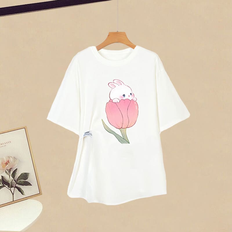 Cartoon Bunny Print T-Shirt Set - T-Shirt / M