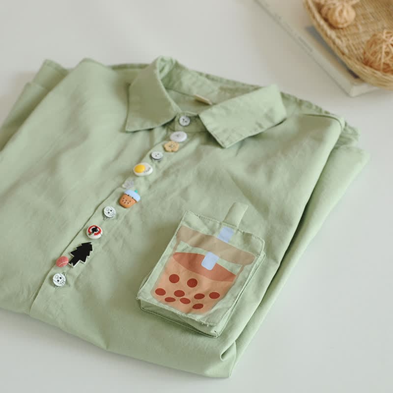 Cartoon Button Milk Tea Print Pocket Lapel Shirt