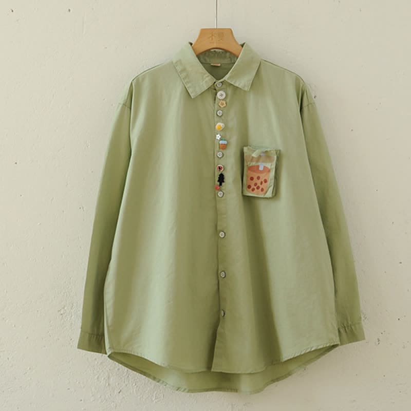 Cartoon Button Milk Tea Print Pocket Lapel Shirt - Green