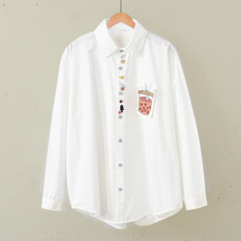 Cartoon Button Milk Tea Print Pocket Lapel Shirt - White