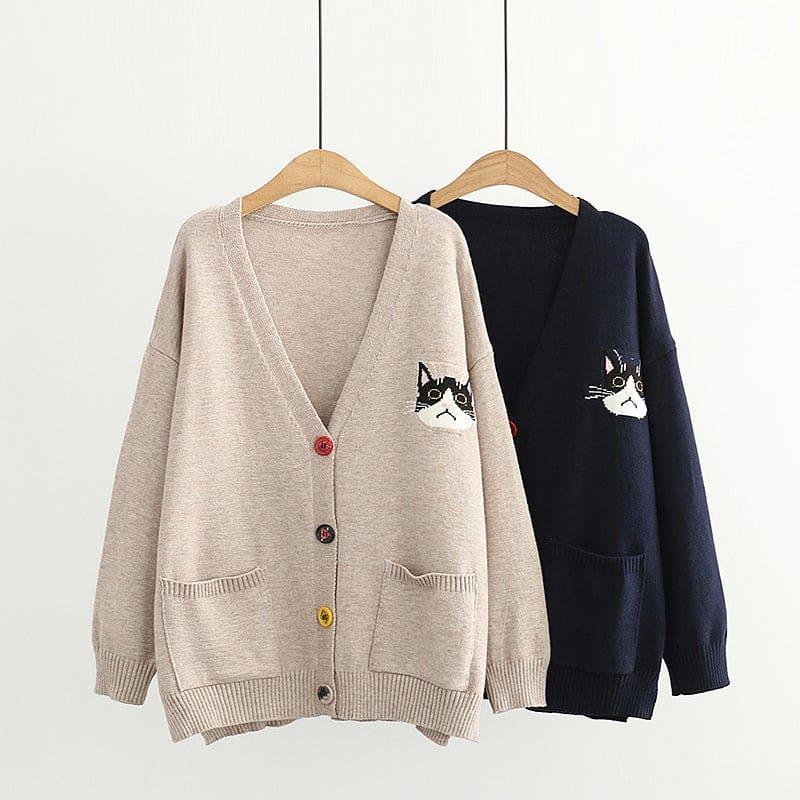 Cartoon Cat Embroidery Casual Knitted Sweater BM072