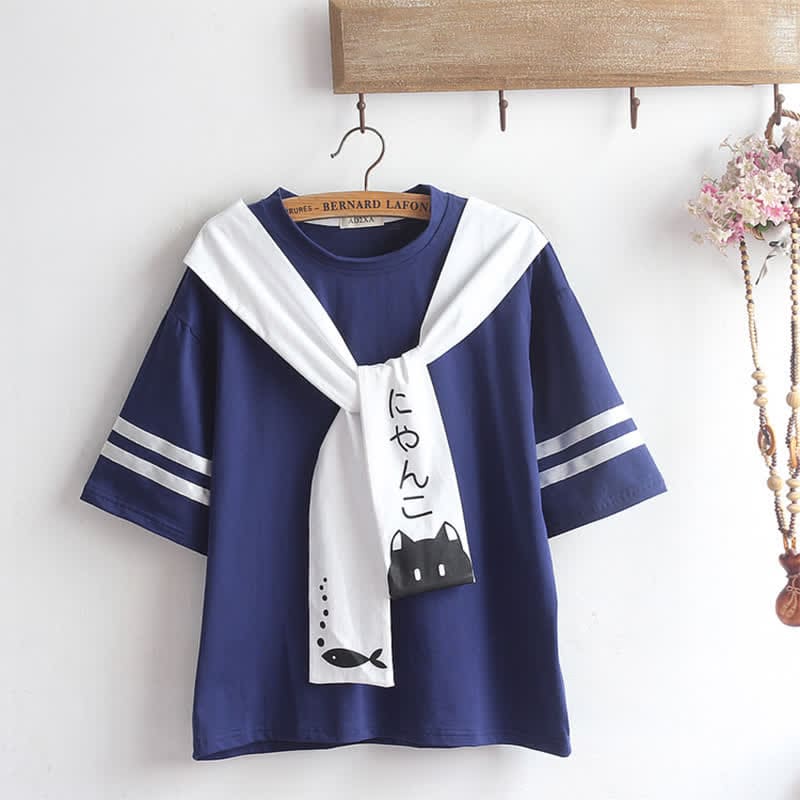 Cartoon Cat Fish Letter Print T-Shirt Pleated Skirt - Navy