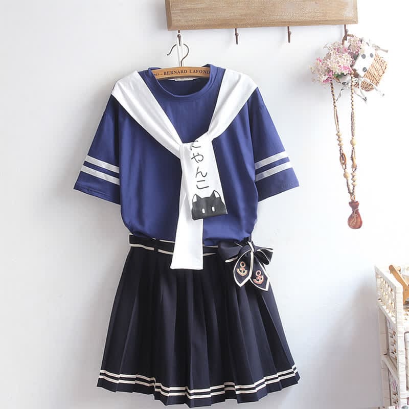 Cartoon Cat Fish Letter Print T-Shirt Pleated Skirt - Navy