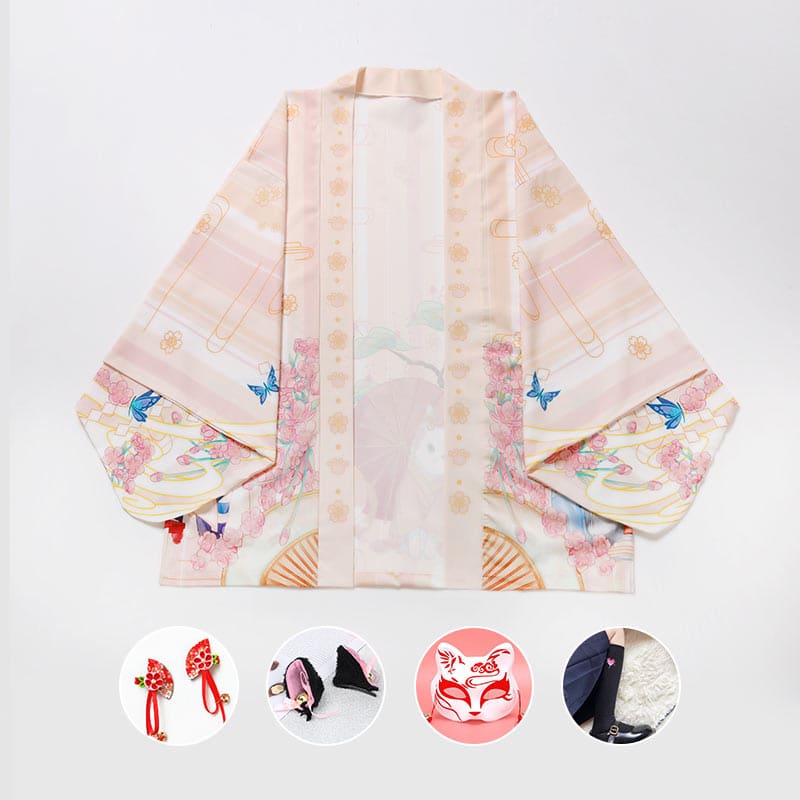 Cartoon Cat Print Loose Cardigan Kimono Outerwear - Apricot