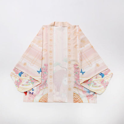 Cartoon Cat Print Loose Cardigan Kimono Outerwear - Apricot