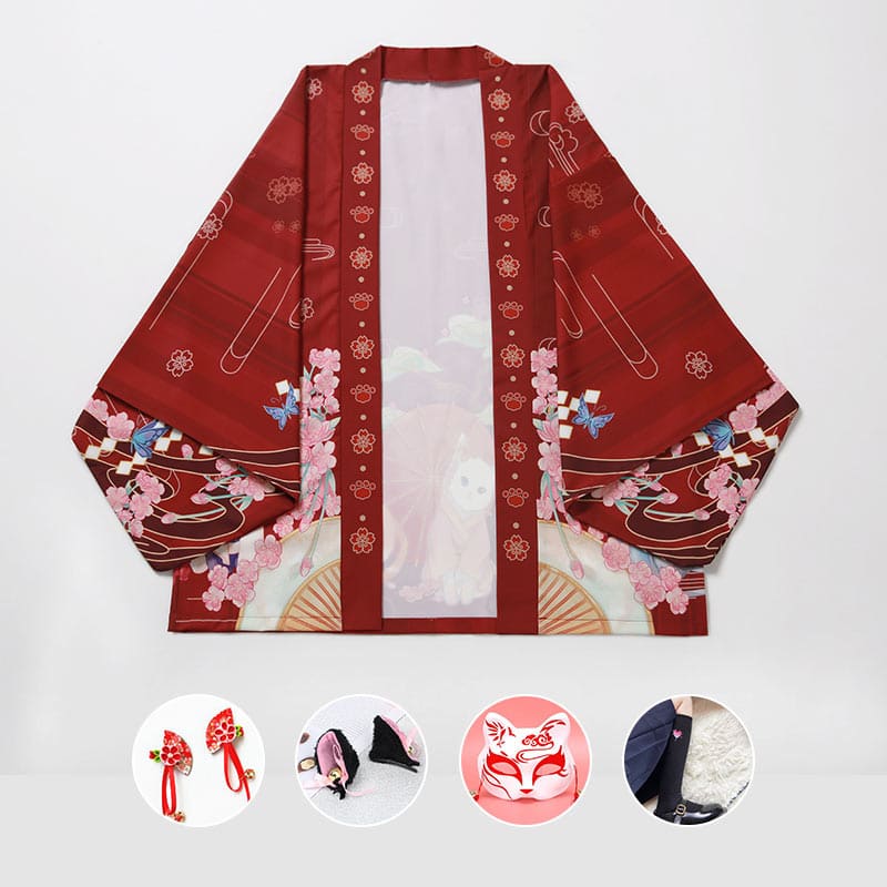 Cartoon Cat Print Loose Cardigan Kimono Outerwear - Red + 4