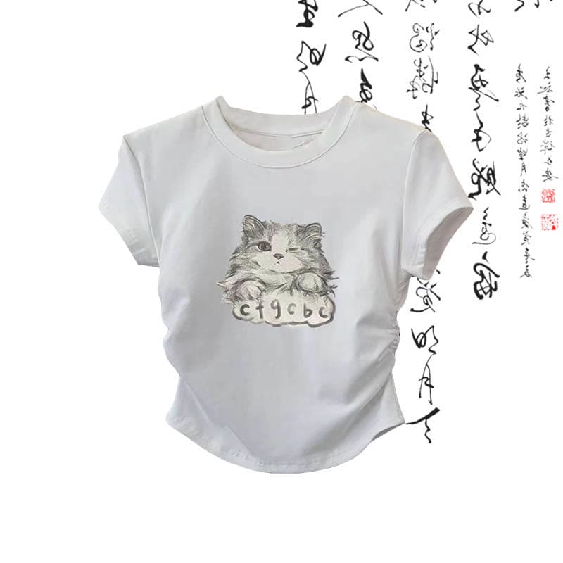 Cartoon Cat Print T-Shirt Wash Painting Print Loose Pants