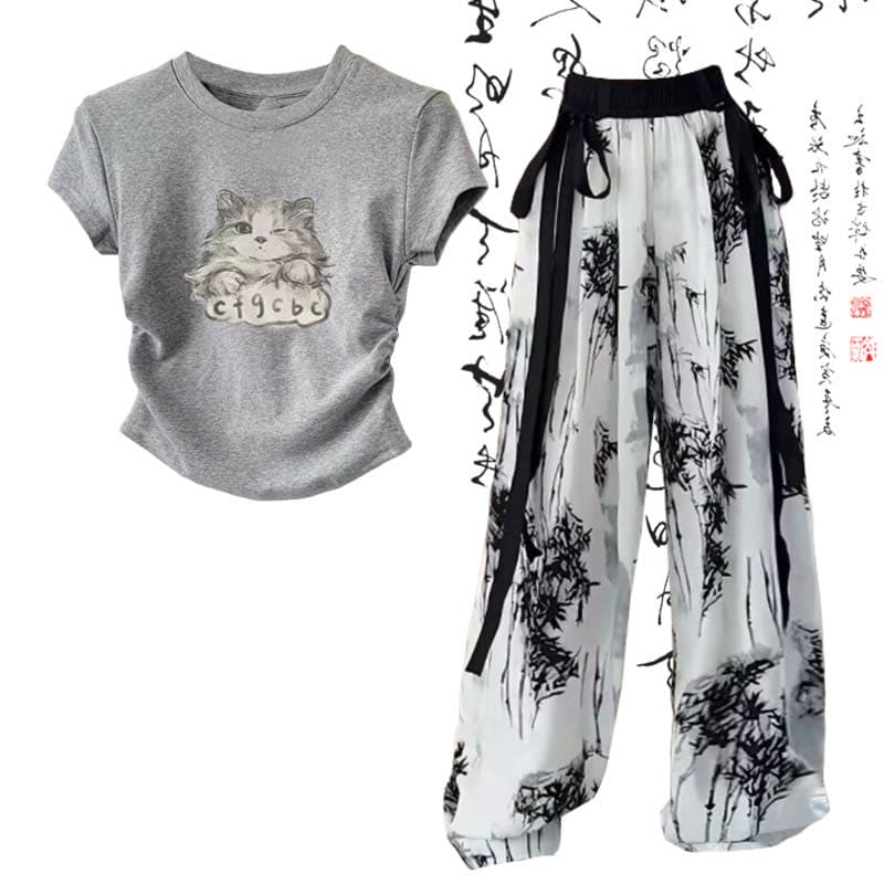 Cartoon Cat Print T-Shirt Wash Painting Print Loose Pants