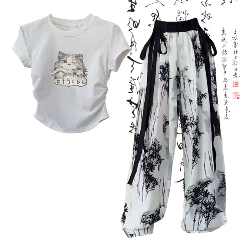 Cartoon Cat Print T-Shirt Wash Painting Print Loose Pants