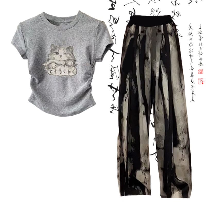 Cartoon Cat Print T-Shirt Wash Painting Print Loose Pants