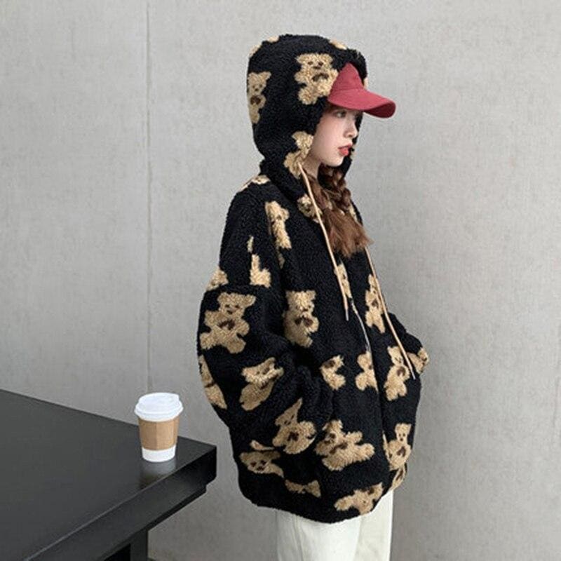 Cartoon Cute Khaki/Black/Beige Bear Hoodie Coat MK16144