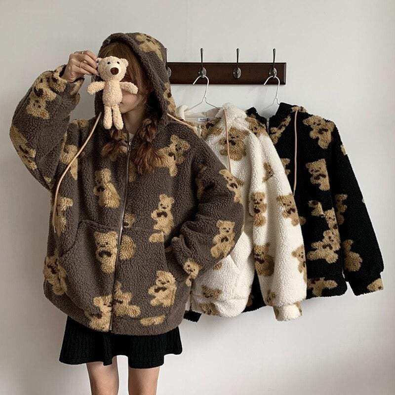 Cartoon Cute Khaki/Black/Beige Bear Hoodie Coat MK16144