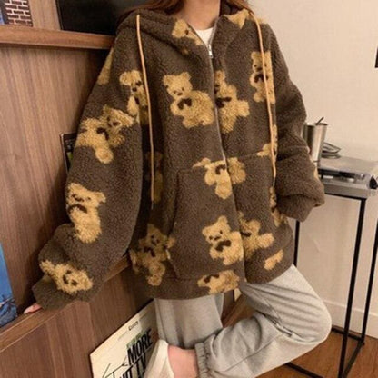 Cartoon Cute Khaki/Black/Beige Bear Hoodie Coat MK16144