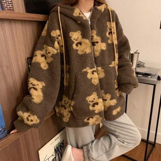 Cartoon Cute Khaki/Black/Beige Bear Hoodie Coat MK16144 main image 0