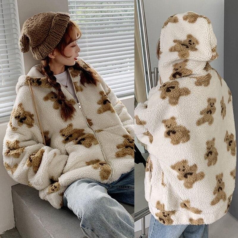 Cartoon Cute Khaki/Black/Beige Bear Hoodie Coat MK16144