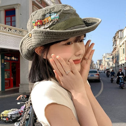 Cartoon Embroidered Boonie Hat - Washed Army Green