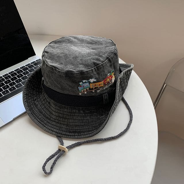 Cartoon Embroidered Boonie Hat - Washed Gray / One Size