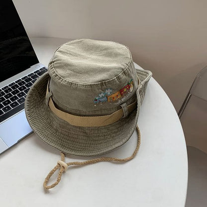 Cartoon Embroidered Boonie Hat - Washed Khaki / One Size