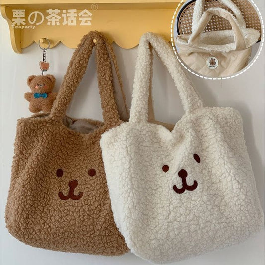 Cartoon Embroidered Fleece Tote Bag