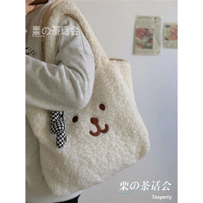 Cartoon Embroidered Fleece Tote Bag - With Black & White