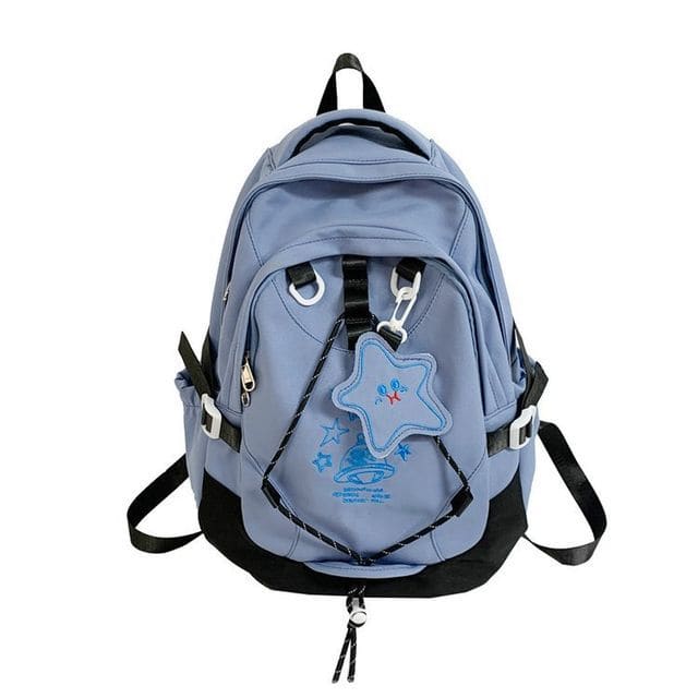 Cartoon Embroidered Multi-Pocket Backpack - Blue / One Size