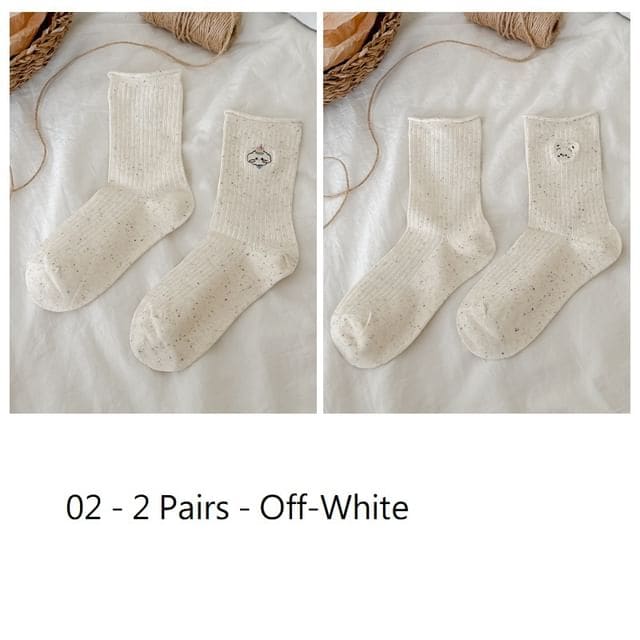 Cartoon Embroidered Socks / Set - 02 - 2 Pairs - Off-White