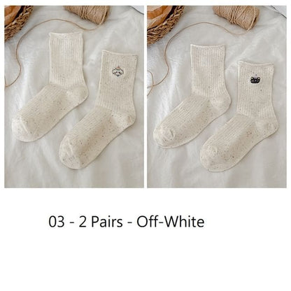 Cartoon Embroidered Socks / Set - 03 - 2 Pairs - Off-White