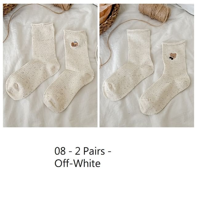 Cartoon Embroidered Socks / Set - 08 - 2 Pairs - Off-White