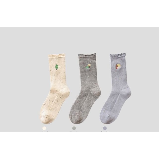 Cartoon Embroidered Socks / Set - 3 Pairs - Beige & Light