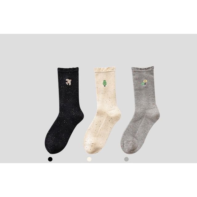 Cartoon Embroidered Socks / Set - 3 Pairs - Black & Beige &